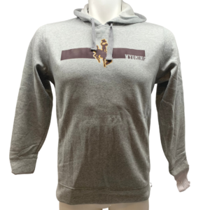 grey hooded sweatshirt. Design on front is long brown rectangle with bucking horse printed in the center. Word Wyoming cut out of rectangle on left corner