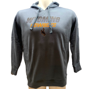 dark grey Adidas fleece hooded sweatshirt. Design on front is word Wyoming in brown and Cowboys in gold with brown bucking horse below words