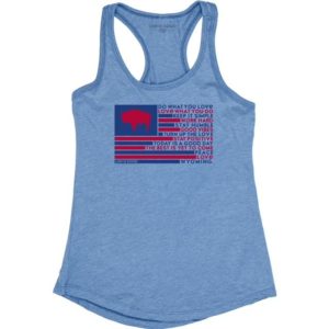 women's razorback tank top in heathered blue color. Wyoming flag with buffalo, stripes, and inspiring words printed on front in navy and red