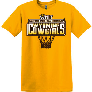 gold short sleeved t-shirt with Wyoming Cowgirls slogan and official WNIT logo printed in brown and gold