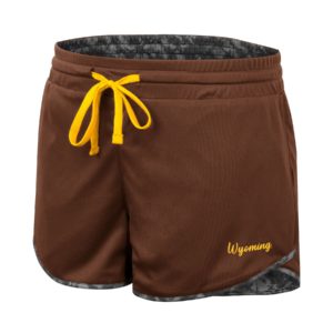 women's drawstring, reversible shorts. brown side with gold drawstring, and word Wyoming printed in gold script, small on left leg corner
