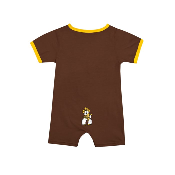 back view of brown infant romper with small pistol Pete logo printed on bottom center