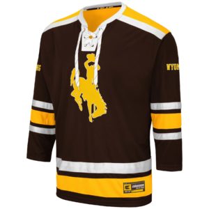 brown hockey jersey with gold and white detailing. large appliqué bucking horse on the front in gold with white outline. lace up collar