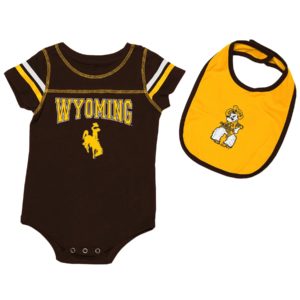 brown short sleeved infant onesie with word Wyoming and a bucking horse printed in gold. also a cotton, gold bib with Pistol Pete logo in the center