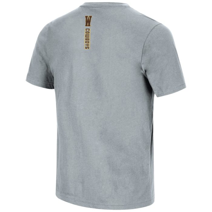 back view of grey short sleeved t-shirt with small block W in brown and word Cowboys printed vertically on neck of shirt