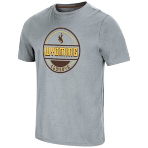 grey short sleeved t-shirt with large circle design on front in brown and gold with brown circular border. design is a bucking horse with words Wyoming Cowboys below