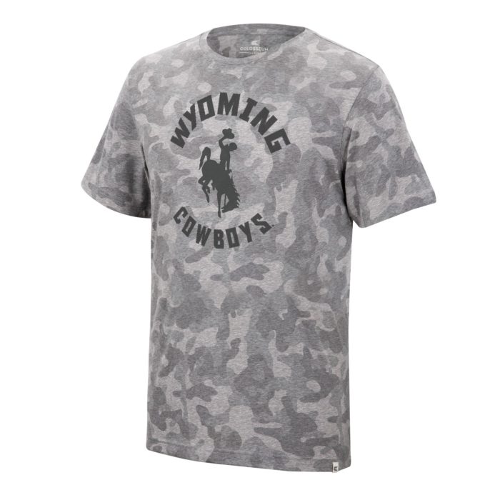 tri blend grey camouflage print short sleeved t shirt. arced Wyoming Cowboys slogan printed in dark grey with bucking horse in the center of the words