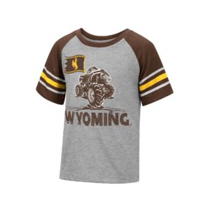 grey toddler short sleeved tee with brown raglan sleeves with grey and gold stripes. screen print design on front in brown is monster truck with word Wyoming distressed below