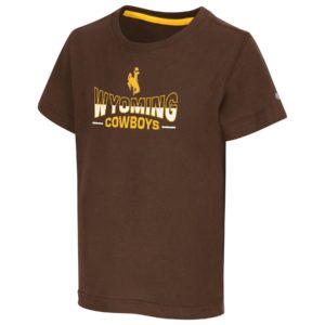 brown short sleeved toddler tee with words Wyoming Cowboys printed on front. Wyoming is white with a gold outline and Cowboys is in gold