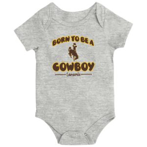 grey infant short sleeved onesie with snap closure. slogan born to be a Cowboy with bucking horse printed on front in brown with gold outline