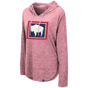 heather red women's hooded long sleeved t-shirt. white drawstrings. Wyoming state flag printed on front
