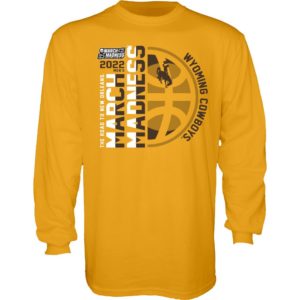 gold long sleeved t-shirt with official NCAA March Madness design printed In brown and white on front