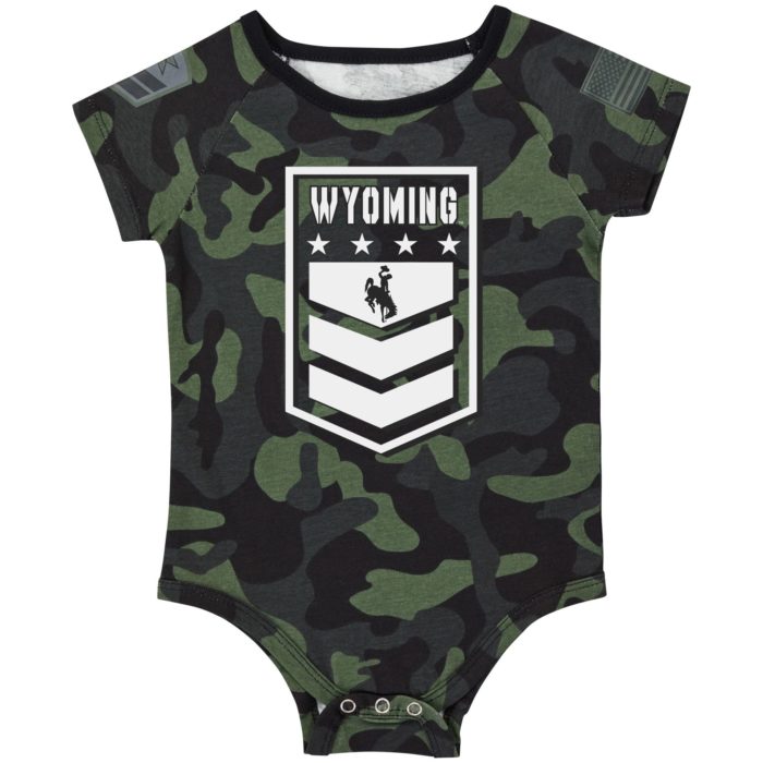 olive camouflage, short sleeved infant onesie. white print of military patch with word Wyoming inside printed on front of onesie