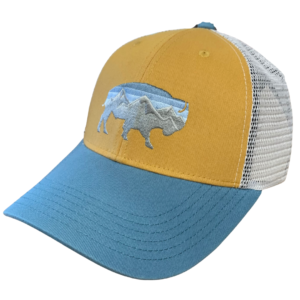 trucker adjustable hat with teal bill, gold body, and white mesh back. teal and grey embroidered buffalo on front center