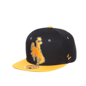 youth flat bill hat with black body. gold bill and white gussets. Large gold embroidered bucking horse with white outline on front center