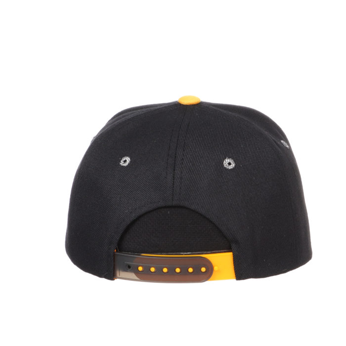 back of youth black flat bill with black and gold colored plastic snapback closure