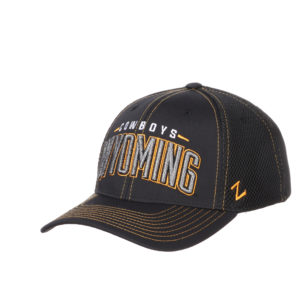 black flex fit hat with black mesh back. Cowboys embroidered in grey above word Wyoming. Wyoming embroidered in grey with gold outline on front of hat