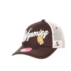 unstructured, adjustable women's hat with brown bill and body, white back. Word Wyoming embroidered in white script on front with bucking horse in gold underneath