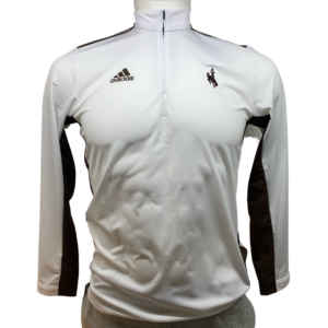 Adidas, athletic quarter zip pullover in white. brown detail fabric on top of shoulders, and under sleeves. Brown bucking horse on left chest, Adidas logo on right chest
