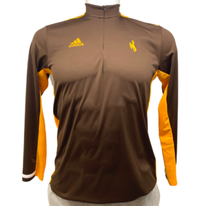 Adidas, athletic quarter zip pullover in brown. gold detail fabric on top of shoulders, and under sleeves. Gold bucking horse on left chest, Adidas logo on right chest