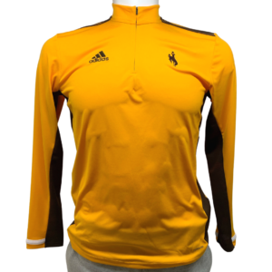 Adidas, athletic quarter zip pullover in gold. brown detail fabric on top of shoulders, and under sleeves. Brown bucking horse on left chest, Adidas logo on right chest