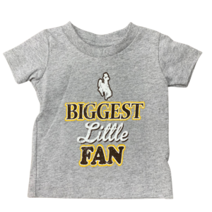 grey infant short sleeved tee with a white bucking horse on the top of the slogan biggest little fan in printed in brown and gold