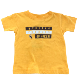 gold, short sleeved infant tee. Word Wyoming Cowboys and Go Pokes printed on front in brown and white