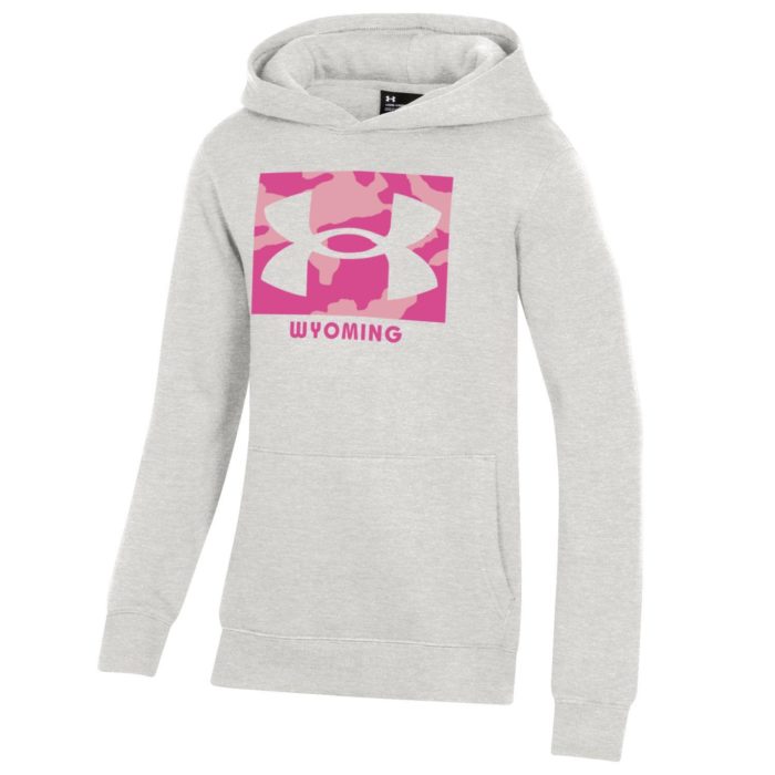 light grey, youth hooded sweatshirt. large pink camouflage box printed on front with Under Armour logo cut out. Word Wyoming printed in pink below box