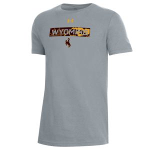 grey youth Under Armour short sleeved tee. Word Wyoming cut out inside a rectangle that has brown and gold background printed on front of tee