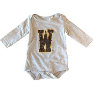 grey, infant long-sleeved onesie. large block print W on front center in brown with gold outline