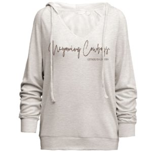 women's lightweight, oatmeal colored hooded sweatshirt. open v-neck line. Words Wyoming Cowboys printed in brown script across the front