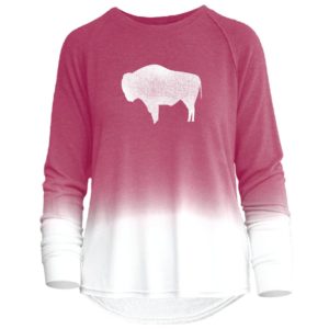 women's long sleeved tee with dip dye fabric. Top of body and sleeves are red, bottom of body is white. White buffalo printed on front in white
