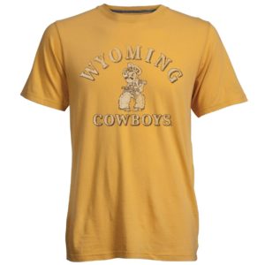 faded gold, short sleeved tee. Words Wyoming Cowboys arced with Pistol Pete in the center. design distressed printed in white with brown outline