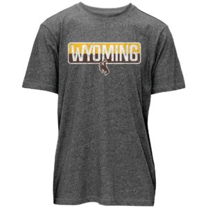 black short sleeved tee. rectangle printed on front that has half gold, half brown background with word Wyoming on top in white