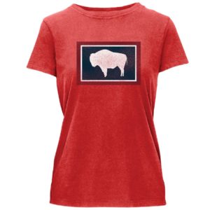 red, women's short sleeved tee. crew neckline with distressed print of Wyoming state flag on front center