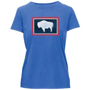 blue, women's short sleeved tee. crew neckline with distressed print of Wyoming state flag on front center