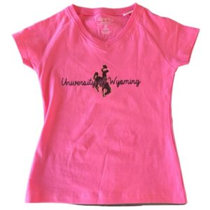 pink toddler short sleeved, v-neck tee. Words University of Wyoming printed on top of a bucking horse all in brown on front of tee