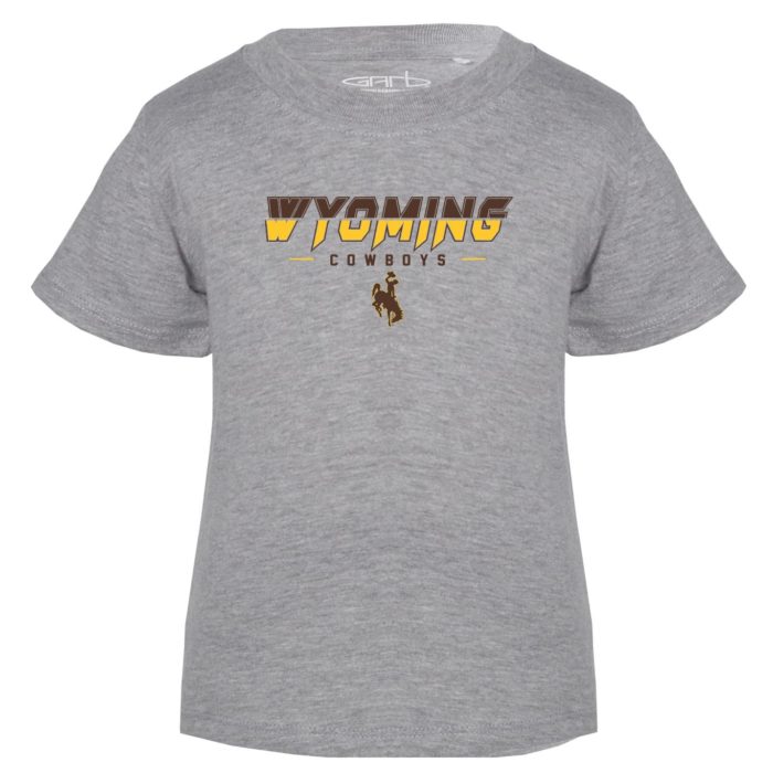 grey short sleeved tee. Word Wyoming printed in brown and gold and bucking horse below