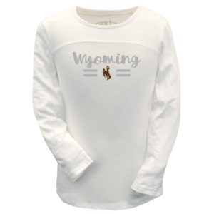 white toddler long sleeved tee. Word Wyoming printed in script in silver on front with brown bucking horse below