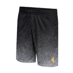 youth athletic shorts with elastic waste and drawstring. Black color that fades to light grey. gold bucking horse printed on left leg
