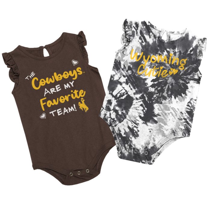 infant ruffle short sleeved onesies. two pack, one solid brown with Wyoming design, other brown tie dye print with Wyoming design.