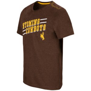 brown, men's short sleeved tee. Diagonal design on front with white accent lines and words Wyoming Cowboys in gold. bucking horse printed below in gold