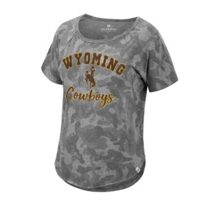 grey camouflage, women's short sleeve tee. Word Wyoming and Cowboys printed in brown with gold outline, brown bucking horse printed in between words