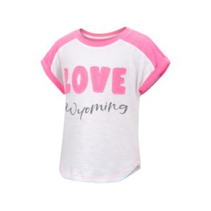white toddler short sleeved tee. pink color on shoulders and sleeves. Word Love in pink fabric sewn on front of tee. Word Wyoming in silver script below on front