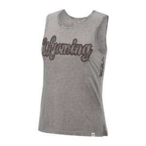 women's scoop neck, grey tank top. Word Wyoming in grey camouflage fabric, trimmed in brown on front.