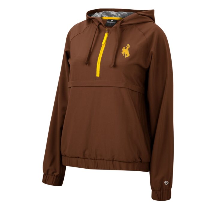 brown, women's athletic hooded jacket. half zipper in gold with gold bucking horse on left chest. large front pocket
