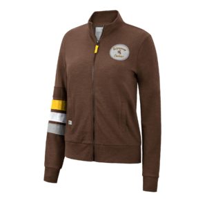 brown, women's full zip jacket, no hood. grey circle patch with bucking horse inside on left chest, two grey and gold fabric stripes on right sleeve