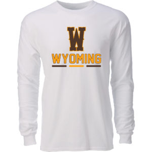 white, long sleeved tee. block W printed in brown with gold outline with word Wyoming and lines underneath in gold