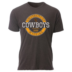 dark brown, heathered color short sleeved tee. Circle screen print design in gold and white with words Wyoming Cowboys and bucking horse in design