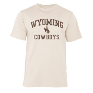off white short sleeved tee. Words Wyoming arced above bucking horse with word Cowboys below, all in distressed brown. design printed on front center